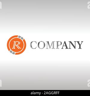 Letter R Alphabetic Logo Design Template, Crypto Curency Logo Concept, Gray, Orange, Ellipse, Rounded, Digital Coin, Virtual Money, Ecurrency Stock Vector