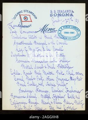 Handwritten Printed In Violet Ink Company Flag At Top Citation Reference 1901 57 Luncheon Held By Oceanic Steamship At S S Zealandia Sonoma Ss Stock Photo Alamy