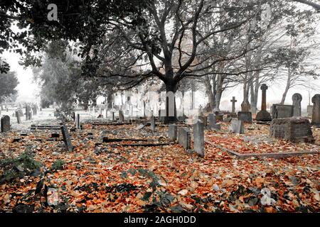 Black and white photo of a graveyard in the autumn mist, there are around one hundred graves with headstones that are close together in the distance a Stock Photo