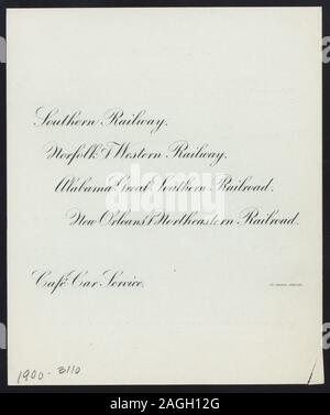 DATE: MAY, 1900 HAND-WRITTEN [FEB?];; LUNCHEON; [held by] SOUTHERN RAILWAY; NORFOLK & WESTERN RAILWAY; ALABAMA GREAT SOUTHERN RAILW3AY; NEW ORLEANS & NORTHEASTERN RAILROAD; [at] CAFE CAR; (RR;) Stock Photo