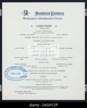 DATE: MAY, 1900 HAND-WRITTEN [FEB?];; LUNCHEON; [held by] SOUTHERN RAILWAY; WASHINGTON AND SOUTHWESTERN LIMITED; [at] DINING CAR; (RR;) Stock Photo
