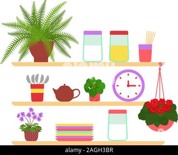 Kitchen shelves with utensils, jars, houseplants. Isolated on white background. Flat vector illustration. Stock Vector