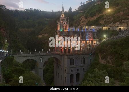 The stunning Las Lajas Sanctuary lit up at night, Ipiales, Colombia Stock Photo