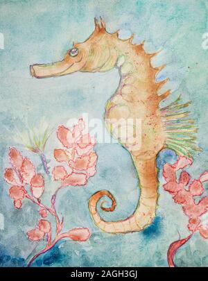 The happy seahorse. The dabbing technique near the edges gives a soft focus effect due to the altered surface roughness of the paper. Stock Photo