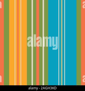 Beautiful vibrant orange, yellow, green and aqua blue stripes in varied widths. Seamless vertical geometric vector pattern with a tropical vibe. Great Stock Vector