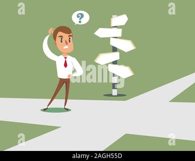 Businessman standing at cross road confused by direction signs. Choices and decision concept. Stock Vector