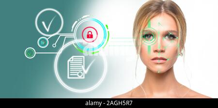 Face id security sistem: a woman scanned by the face ID system. Digital security sistem concept Stock Photo