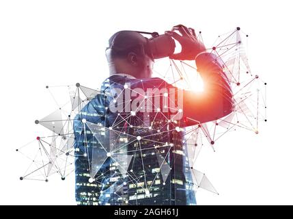 African businessman wearing virtual goggles with hands up isolated on ...