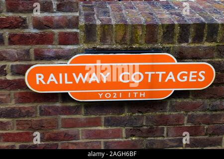 Railway Cottages sign on a brick wall in Whitby Yorkshire 2017 Stock Photo