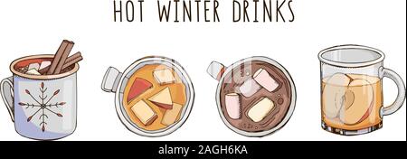 Set of popular hot winter drinks isolated on white. Colorful vector images of Christmas beverages and cocktails. Hot chocolate with marshmallow and Stock Vector