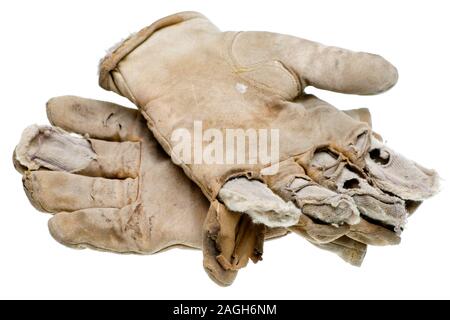 Pair of worn out leather work gloves isolated on white background Stock Photo