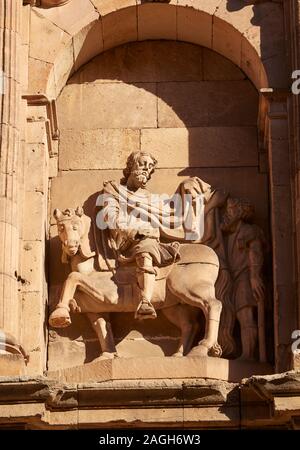 Baroque Statue of man on horseback on the facade of the 'Church of San Martin de Tours' in Salamanca Stock Photo