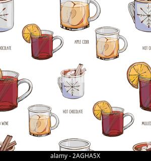 Vector seamless pattern with hot winter drinks isolated on white. Christmas print with beverages. Endless texture. Hot chocolate, mulled wine, apple Stock Vector