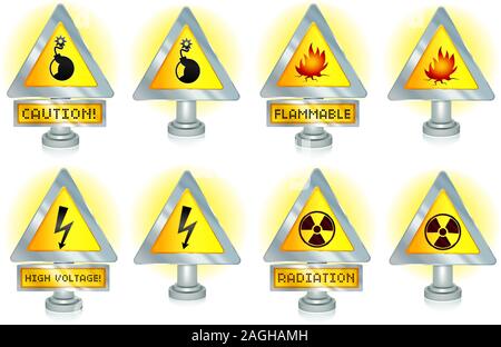 Set of warning signs: radiation, flammable, high voltage and explosive. Stock Vector