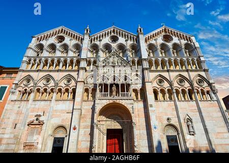 Facade of the 12th century Romanesque Ferrara Duomo, Italy Stock Photo
