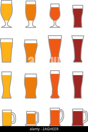 Set of different contour silhouettes beer glasses isolated on white background. Glass collection. Alcohol drinks glasses set outline vector Stock Vector