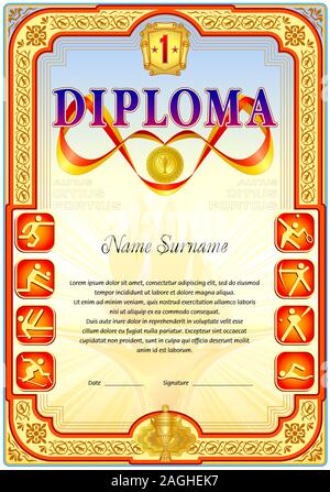 Sport diploma design template with wave ribbon around the center of composition. Floral element at the top with sport symbol. Stock Vector