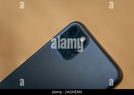 Turkey, Istanbul, December 17, 2019: Close-up rear view of the three cameras of the modern new iPhone 11 pro max. Stock Photo