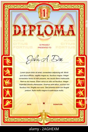 Sport diploma blank template. Colorful design with sport icons on both sides. First degree and red color gamma Stock Vector