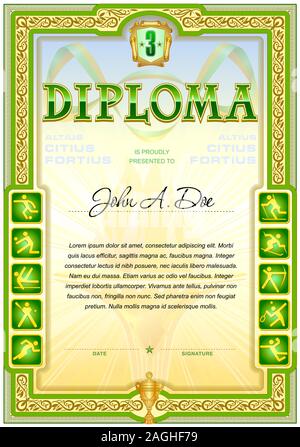 Sport diploma blank template. Colorful design with sport icons on both sides. Third degree and green color gamma Stock Vector