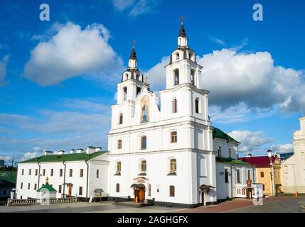Holy Spirit Cathedral skyward view with clouds, Minsk, Belarus Stock Photo