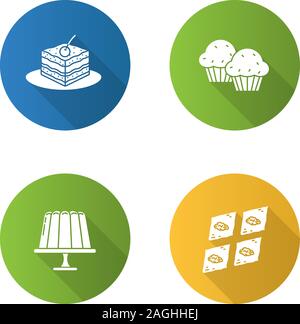 Condectionery flat design long shadow glyph icons set. Coffee house menu. Tiramisu, cupcakes, jelly pudding, baklava. Vector silhouette illustration Stock Vector
