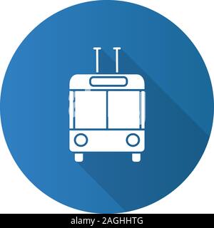 Trolleybus in front view flat design long shadow glyph icon. Trolley coach. Trackless trolley. Vector silhouette illustration Stock Vector