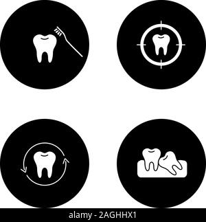 Dentistry glyph icons set. Stomatology. Teeth brushing, aim on tooth, dental restoration, crooked teeth. Vector white silhouettes illustrations in bla Stock Vector