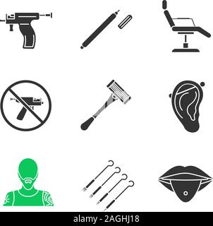Tattoo studio glyph icons set. Highlighter, tattoo chair, piercing gun prohibition, razor, pierced ear and tongue, tattooist, ink needles pack. Silhou Stock Vector