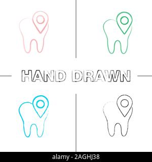 Dental clinic location hand drawn icons set. Tooth with map pinpoint. Color brush stroke. Isolated vector sketchy illustrations Stock Vector