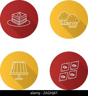 Condectionery flat linear long shadow icons set. Coffee house menu. Tiramisu, cupcakes, jelly pudding, baklava. Vector outline illustration Stock Vector