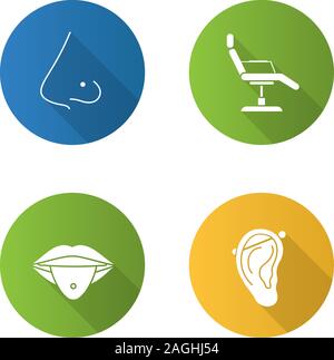 Tattoo studio flat design long shadow glyph icons set. Piercing service. Pierced nose and tongue, tattoo chair, industrial piercing. Vector silhouette Stock Vector