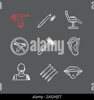 Tattoo studio chalk icons set. Piercing service. Highlighter, tattoo chair, piercing gun prohibition, razor, pierced ear and tongue, tattooist, ink ne Stock Vector