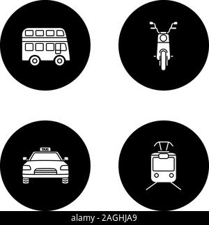 Public transport glyph icons set. Modes of transport. Double decker bus, scooter, taxi, tram. Vector white silhouettes illustrations in black circles Stock Vector