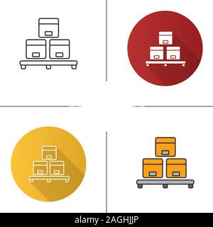 Cardboard boxes on pallet icon. Flat design, linear and color styles. Warehouse. Parcels storage. Isolated vector illustrations Stock Vector