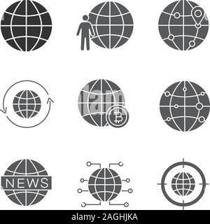 Worldwide glyph icons set. Globe, planet population, international route, around the world, global bitcoin, newscast, internet connection, aim on Eart Stock Vector