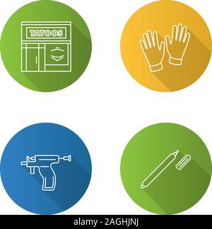 Tattoo studio flat linear long shadow icons set. Piercing service. Tattoo parlour exterior, medical gloves, piercing gun, highlighter. Vector outline Stock Vector