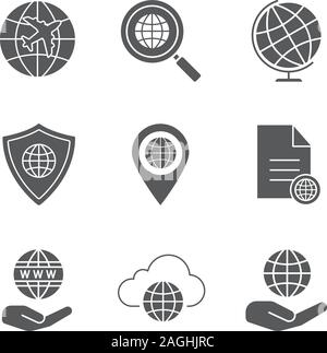 Worldwide glyph icons set. International flight, global search, globe, safe internet connection, map pinpoint, document, cloud storage. Silhouette sym Stock Vector