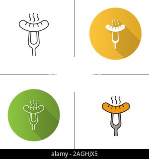 Grilled sausage on fork icon. Flat design, linear and color styles. Bratwurst. Isolated vector illustrations Stock Vector