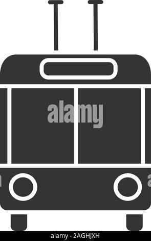 Trolleybus in front view glyph icon. Silhouette symbol. Trolley coach. Trackless trolley. Negative space. Vector isolated illustration Stock Vector