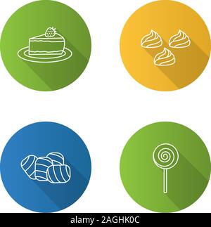 Confectionery flat linear long shadow icons set. Coffee house menu. Cheesecake, meringues, marshmallow, spiral lollipop. Vector outline illustration Stock Vector