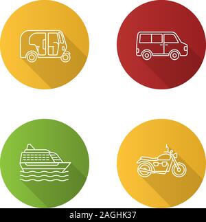 Public transport flat linear long shadow icons set. Modes of transport. Auto rickshaw, minivan, cruise ship, motorbike. Vector outline illustration Stock Vector
