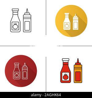 Ketchup and mustard icon. Flat design, linear and color styles. Condiment bottles. Isolated vector illustrations Stock Vector