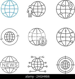 Worldwide linear icons set. Globe, planet population, route, around the world, global bitcoin, internet connection. Thin line contour symbols. Isolate Stock Vector