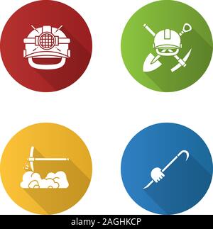 Mining construction tools flat design long shadow glyph icon. Safety helmet, mining emblem, pickaxe, crowbar in hand. Vector silhouette illustration Stock Vector