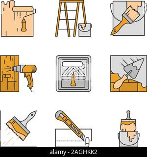 Construction tools color icons set. Paint roller, scaffolding ladder, bucket with brush, hot air gun, putty knife, glue brush, stationery knife, dyein Stock Vector