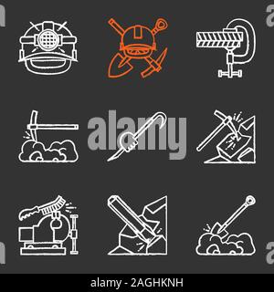 Construction tools chalk icons set. Safety helmet, mining emblem, screw clamp, pickaxe, crowbar in hand, bench vice and wire brush, iron chisel, diggi Stock Vector