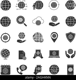 Worldwide glyph icons set. Silhouette symbols. Internet connection, international routes, world maps and globes. Vector isolated illustration Stock Vector