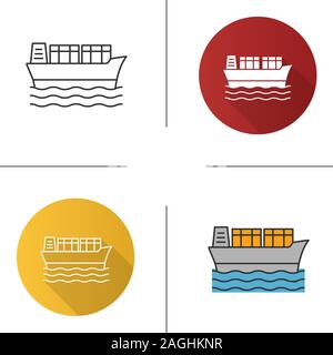 Cargo ship icon. Flat design, linear and color styles. Tanker. Container vessel. Isolated vector illustrations Stock Vector