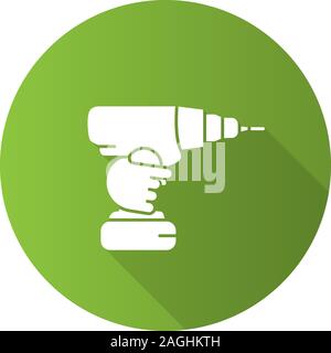 Hand holding cordless drill flat linear long shadow icon. Portable electric screwdriver. Vector outline symbol Stock Vector